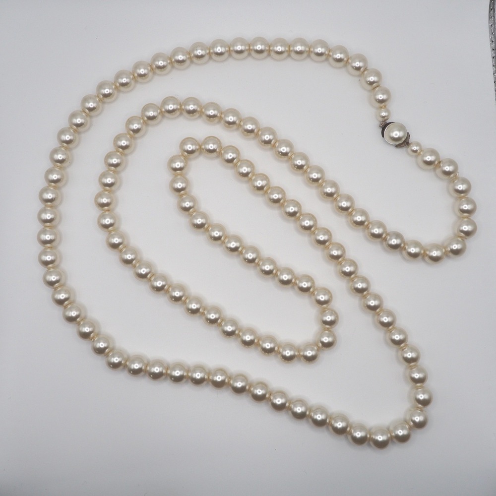 Vintage Necklace Cream Faux Pearl Opera Length Hand Knotted Decorative Box Clasp